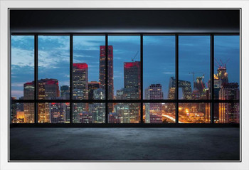 Office Window Over an Illuminated City Beijing China Skyline Photo Photograph White Wood Framed Poster 20x14