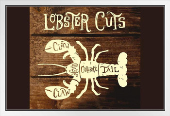 Lobster Meat Cuts on Wooden Background Butcher Shop Diagram Cool Shellfish Poster Aquatic Wall Decor Fish Pictures Wall Art Underwater Picture of Fish for Wall White Wood Framed Art Poster 20x14