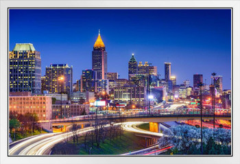 Atlanta Georgia Skyline Cityscape Illuminated At Night Landscape Photo White Wood Framed Poster 20x14