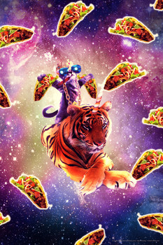 Outer Space Cat Pimp Daddy On Tiger Unicorn Flying Tacos Rainbow Random Galaxy Funny Cute Awesome Epic Parody Fantasy Cool Wall Decor Art Print Poster 12x18