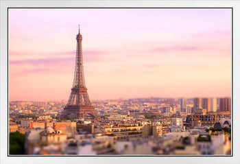 Sunset over Eiffel Tower in Paris Photo Photograph White Wood Framed Poster 14x20