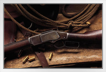 Wild West Rifle and Ammunition with Lasso Photo Photograph White Wood Framed Poster 20x14