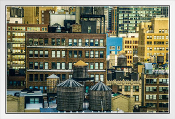 New York City NYC Manhattan Rooftops Skyline Photo Photograph White Wood Framed Poster 20x14