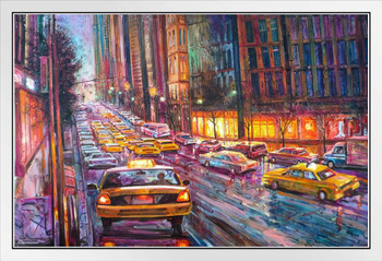Night Streets New York City NYC Traffic Taxis White Wood Framed Poster 20x14