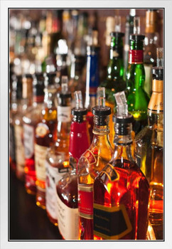 Choices Bottles of Liquor Whiskey Bourbon Sitting on a Shelf Photo Photograph White Wood Framed Poster 14x20