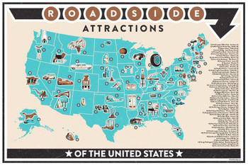 Roadside Attractions of America Map Chart USA Road Trip Travel Guide Retro Vintage Style Americana Googie Architecture Midcentury Cool Wall Decor Art Print Poster 24x36
