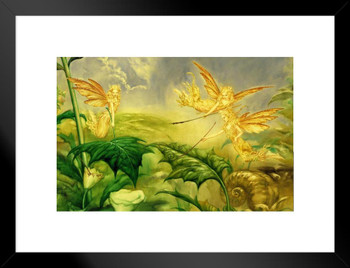 Hadas Artistas Fairies Drawing on Leaves Flower Garden Dragon by Ciruelo Fantasy Painting Gustavo Cabral Matted Framed Wall Decor Art Print 20x26