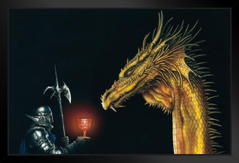 Knight in Armor With Wine Chalice Oro Golden Dragon by Ciruelo Fantasy Painting Gustavo Cabral Black Wood Framed Poster 14x20