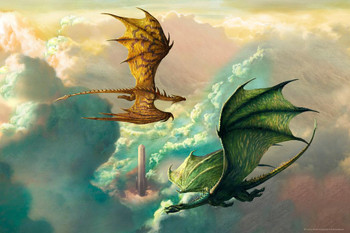 Flying Dragons in Clouds Circling Stone Tower by Ciruelo Fantasy Painting Green Red Dragon Gustavo Cabral Cool Wall Decor Art Print Poster 24x36