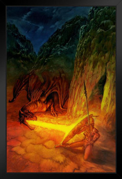 Amazona Rojo Female Amazonian Warrior Fighting Fire Breathing Dragon by Ciruelo Fantasy Painting Gustavo Cabral Black Wood Framed Poster 14x20