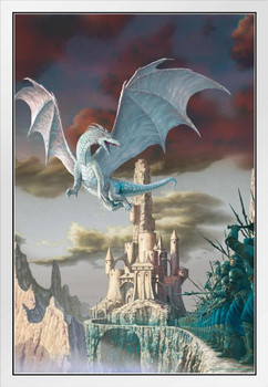 Hobsy Attack Silver Dragon Flying Over Castle by Ciruelo Fantasy Painting Gustavo Cabral White Wood Framed Poster 14x20