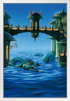 Serpent Dragon Swimming In Water Under Castle Bridge by Ciruelo Fantasy Painting Gustavo Cabral White Wood Framed Poster 14x20