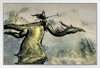 DragJinete Knight Flying On Golden Dragon by Ciruelo Fantasy Painting Gustavo Cabral White Wood Framed Poster 14x20