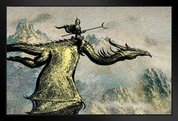 DragJinete Knight Flying On Golden Dragon by Ciruelo Fantasy Painting Gustavo Cabral Black Wood Framed Poster 14x20