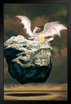 Signo Glowing White Silver Dragon With Golden Egg by Ciruelo Fantasy Painting Gustavo Cabral Black Wood Framed Poster 14x20