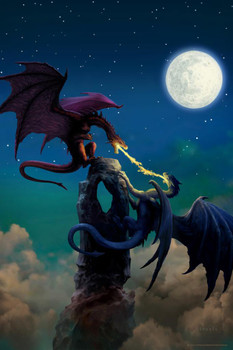 Laminated Fire Swords Dragons Fighting Breathing Fire by Ciruelo Fantasy Painting Blue Red Dragon Gustavo Cabral Poster Dry Erase Wall Art 24x36