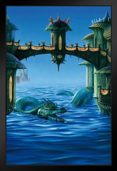 Serpent Dragon Swimming In Water Under Castle Bridge by Ciruelo Fantasy Painting Gustavo Cabral Black Wood Framed Poster 14x20