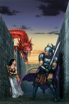 Laminated Knight In Stone Maze With Maiden Red Dragon by Ciruelo Artist Painting Fantasy Poster Dry Erase Wall Art 24x36