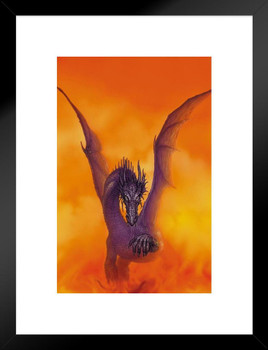 Naras Dragon Face Orange Flames Clouds by Ciruelo Fantasy Painting Gustavo Cabral Matted Framed Wall Decor Art Print 20x26