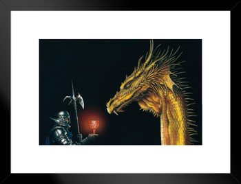 Knight in Armor With Wine Chalice Oro Golden Dragon by Ciruelo Fantasy Painting Gustavo Cabral Matted Framed Wall Decor Art Print 20x26