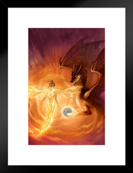 Angel Flying Over Ring of Fire With Dragon by Ciruelo Fantasy Painting Gustavo Cabral Matted Framed Wall Decor Art Print 20x26