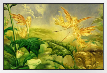 Hadas Artistas Fairies Drawing on Leaves Flower Garden Dragon by Ciruelo Fantasy Painting Gustavo Cabral White Wood Framed Poster 14x20