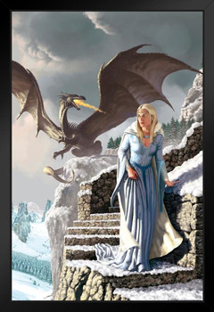 Blonde Warrior Queen Dragon Breathing Fire by Ciruelo Stone Stairs Fortress Crusade Fantasy Painting Gustavo Cabral Black Wood Framed Poster 14x20