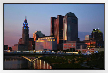 Columbus Ohio City Skyline at Sunset Photo Photograph White Wood Framed Poster 20x14