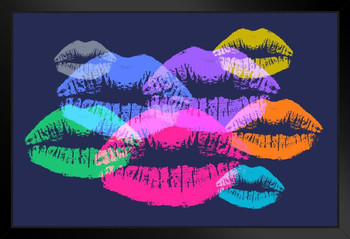 Womans Lips Kiss Lipstick Multicolor Dark Pop Neon Artwork Black Wood Framed Poster 20x14