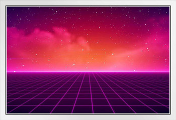 80s Neon Lights Grid Vaporwave Retro SciFi Digital Cyber Video Game Futuristic 1980s Galaxy Universe Landscape Background White Wood Framed Art Poster 14x20