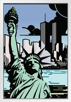 Bright Lights Big City New York City NYC Skyline Statue of Liberty Pop Art White Wood Framed Poster 14x20