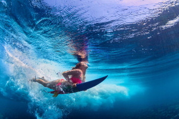 Laminated Bikini Girl Surfer Surfing Ocean Wave Underwater Photo Photograph Summer Beach Surfboard Poster Dry Erase Sign 24x36