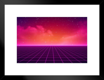 80s Neon Lights Grid Vaporwave Retro SciFi Digital Cyber Video Game Futuristic 1980s Galaxy Universe Landscape Background Matted Framed Art Wall Decor 20x26