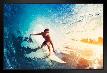 Surfer Surfing Blue Ocean Wave Photo Photograph Summer Beach Surfboard Black Wood Framed Poster 14x20