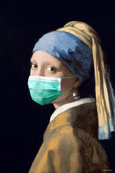 Girl With a Pearl Earring Wearing Mask Funny Johannes Vermeer Masked Pandemic Meme Classic Art Parody Cool Wall Decor Art Print Poster 12x18