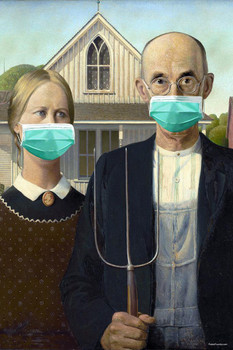 Laminated American Gothic Wearing Masks Funny Grant Wood Masked Pandemic Meme Classic Art Parody Poster Dry Erase Sign 24x36