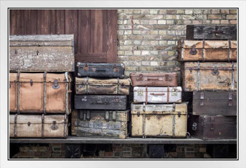 Vintage Leather Suitcases Stacked Vertically Spreewald Germany Photo Photograph White Wood Framed Poster 20x14