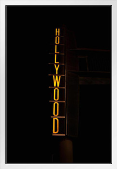 Neon Hollywood Sign Illuminated at Night Los Angeles California Photo Photograph White Wood Framed Poster 14x20