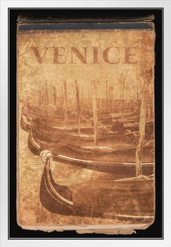 Gondolas of Venice Italy Vintage Sepia Toned Travel White Wood Framed Poster 14x20