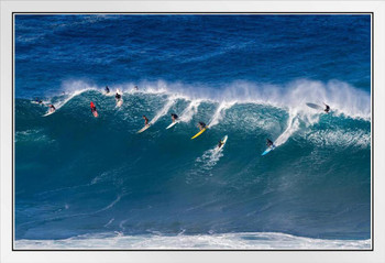 Surfers Riding Wave Hawaii Surfing Photo Photograph Summer Beach Surfboard White Wood Framed Poster 14x20