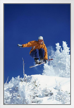 Young Woman Freestyle Snowboarding Mid Air Shot Photo Photograph White Wood Framed Poster 14x20