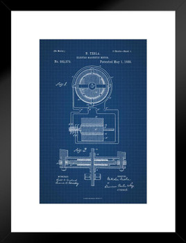Nikola Tesla Electro Magnetic Motor 1888 Official Patent Blueprint Electrical Engineer Inventor Science Classroom Educational Chart Sign Matted Framed Art Wall Decor 20x26