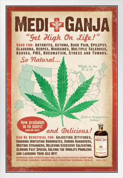 MediGanja Get High On Life Marijuana Funny Weed Cannabis Room Dope Gifts Guys Propaganda Smoking Stoner Reefer Stoned Sign Buds Pothead Dorm Walls White Wood Framed Art Poster 14x20