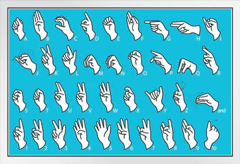 Sign Language Alphabet Communication Blue Educational Chart White Wood Framed Poster 14x20