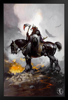 Death Dealer by Frank Frazetta Poster Viking On Horse Horseback Bloody Axe Gothic Fantasy Wall Art White Wood Framed Art Poster 14x20