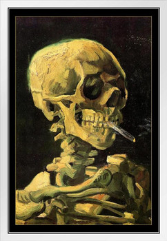 Vincent Van Gogh Skull Of A Skeleton With Cigarette Painting Poster 1885 Impressionist Portrait Style Fine Art Home Decor Realism Dark Decorative White Wood Framed Art Poster 14x20