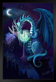 Blue Time Dragon with Fairy Friend by Rose Khan Cool Wall Decor Art Print Black Wood Framed Poster 14x20