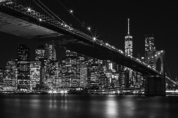 Laminated Brooklyn Bridge New York City NYC Skyline at Night Black and White Photo Art Print Poster Dry Erase Sign 36x24
