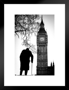 Big Ben And Sir Winston Churchill Statue Westminster London Black and White Photo Matted Framed Wall Art Print 20x26 inch