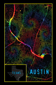 Map of Austin Texas Tie Dye Colors Psychedelic Trippy Hippie Decor UV Light Reactive Black Light Eco Blacklight Poster For Room
